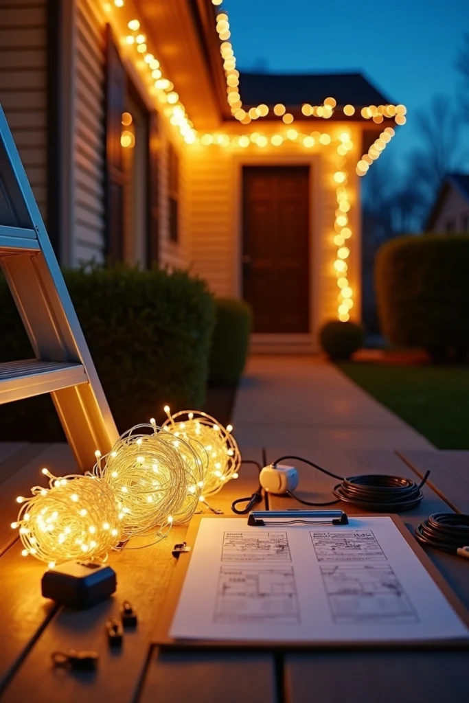 "Outdoor Christmas lights prep with LEDs, clips, cords, and roofline planning for a safe festive display."