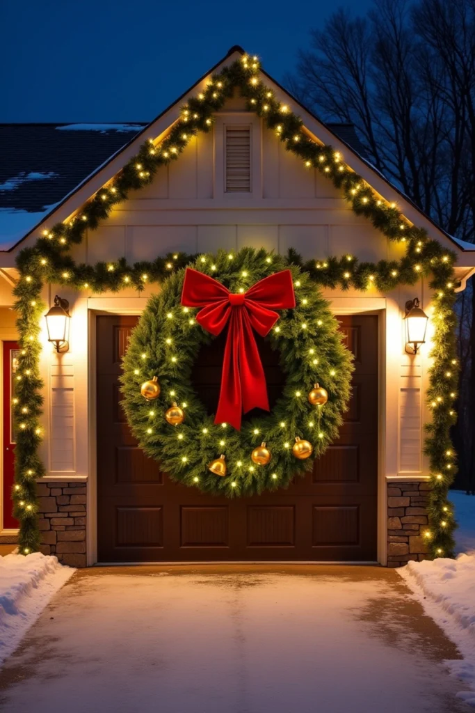 Massive Christmas wreath with ribbons and lights on a garage door, spotlighted for festive curb appeal.