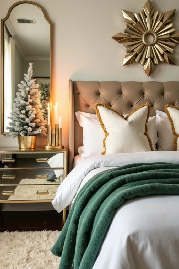 Glam Christmas bedroom with gold-trimmed pillows, velvet bedding, crystal snowflakes, and chic decor.