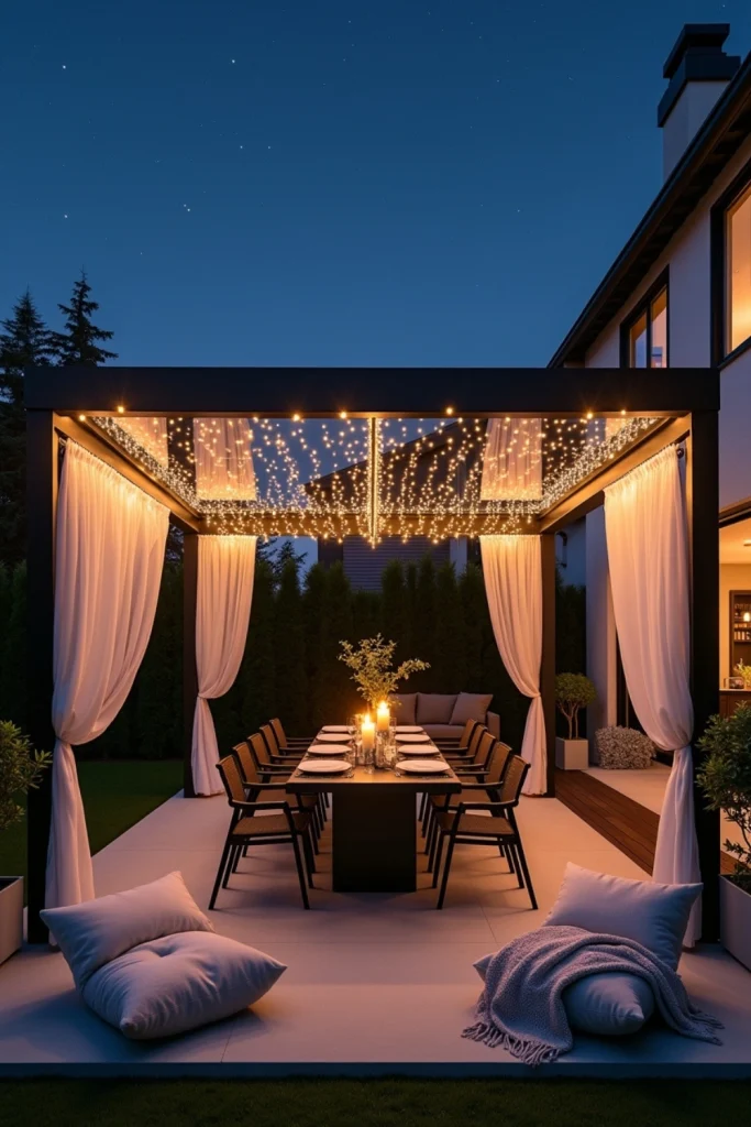 Glass-roof patio with fairy lights, sleek table and chairs, sheer curtains, and starlit evening sky