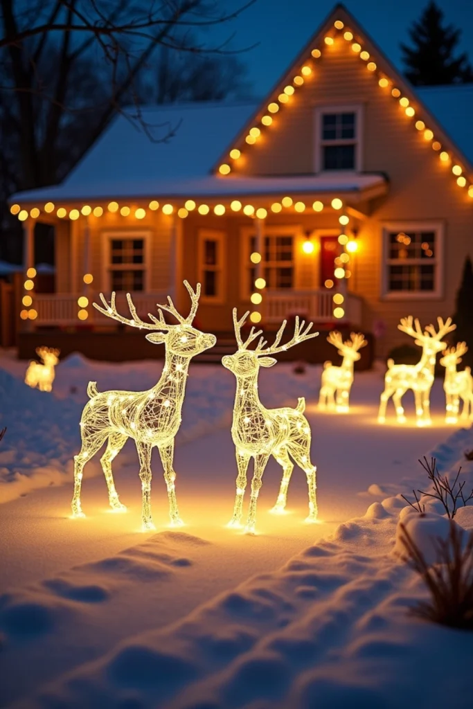 "Wireframe reindeer glowing in snowy yard, creating a magical winter wonderland Christmas display."