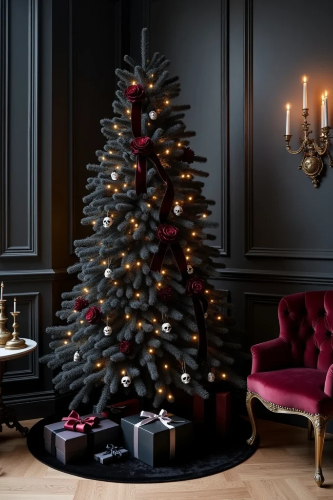 Black Christmas tree with silk roses, velvet ribbons, skull ornaments, and warm lights for gothic charm.