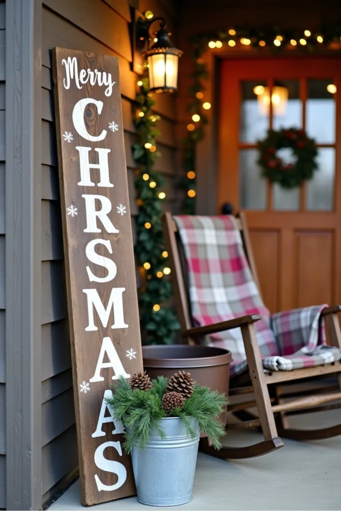 Handmade wooden Merry Christmas sign with snowflake stencil, rustic porch accents, and lantern glow.