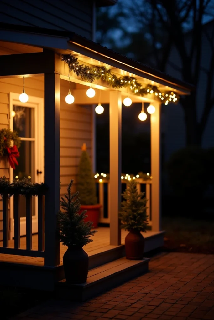 Glowing orb lights hang from eaves, creating a dreamy, fairy-tale Christmas yard with warm holiday charm.