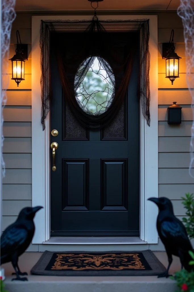 Front door with haunted lace-framed cracked mirror, cobwebs, lantern glow, and gothic Halloween style.