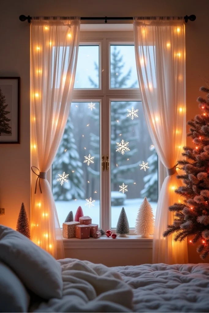 Holiday window decor with sheer curtains, fairy lights, and snowflake decals for a magical Christmas glow.