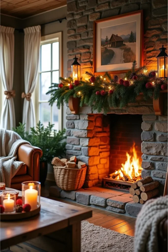 Rustic Christmas mantel with evergreen garland, pinecones, fairy lights, and cozy festive accents.