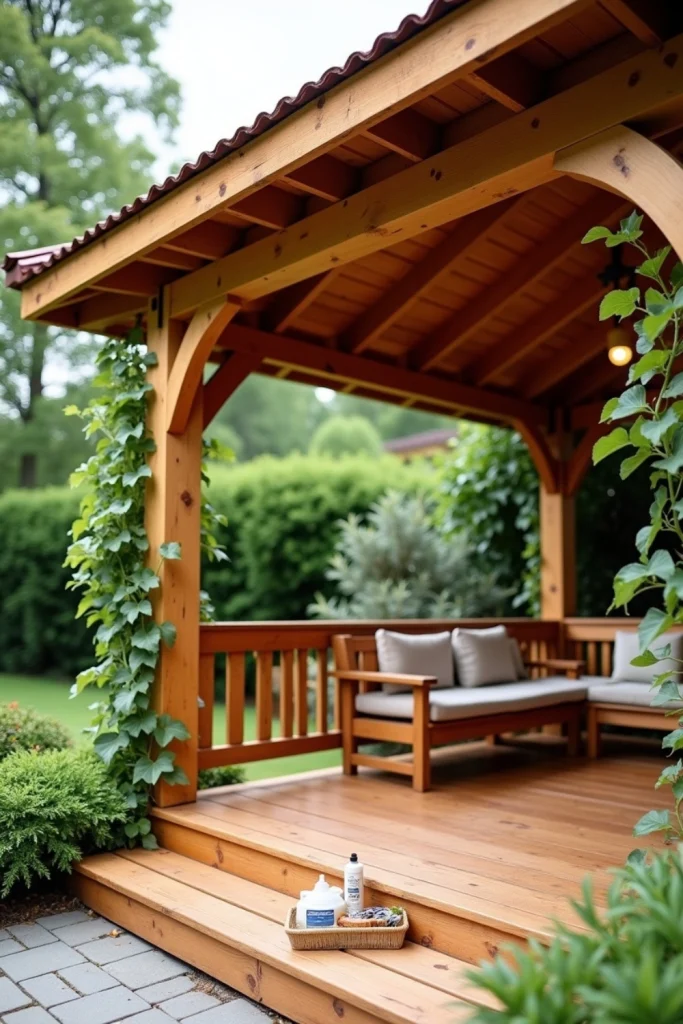 Clean, well-maintained backyard gazebo with sealed wood and neatly kept patio cover in a garden setting.