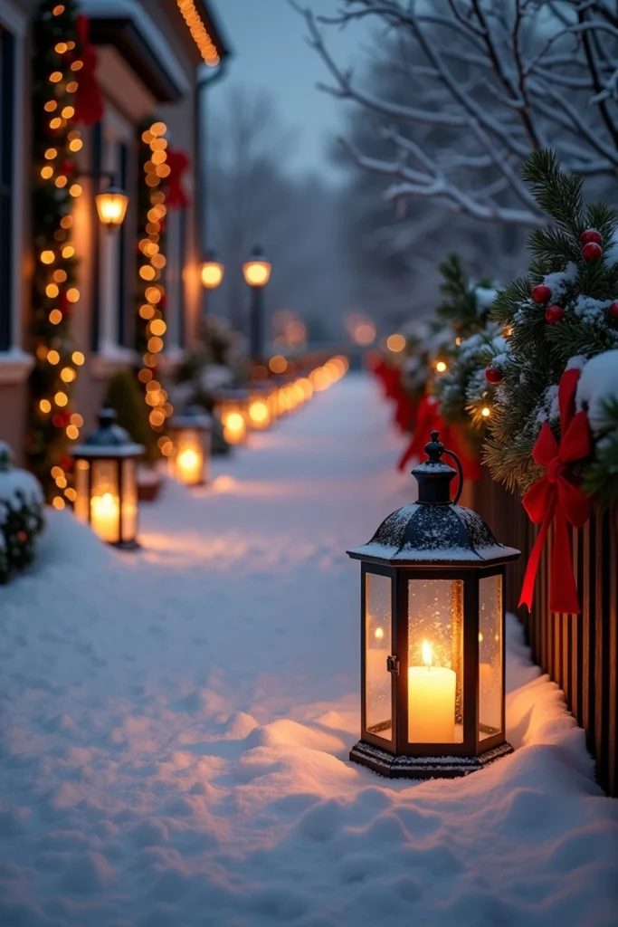 "Walkway lined with glowing lanterns and pine garlands with berries, creating a warm Christmas welcome."