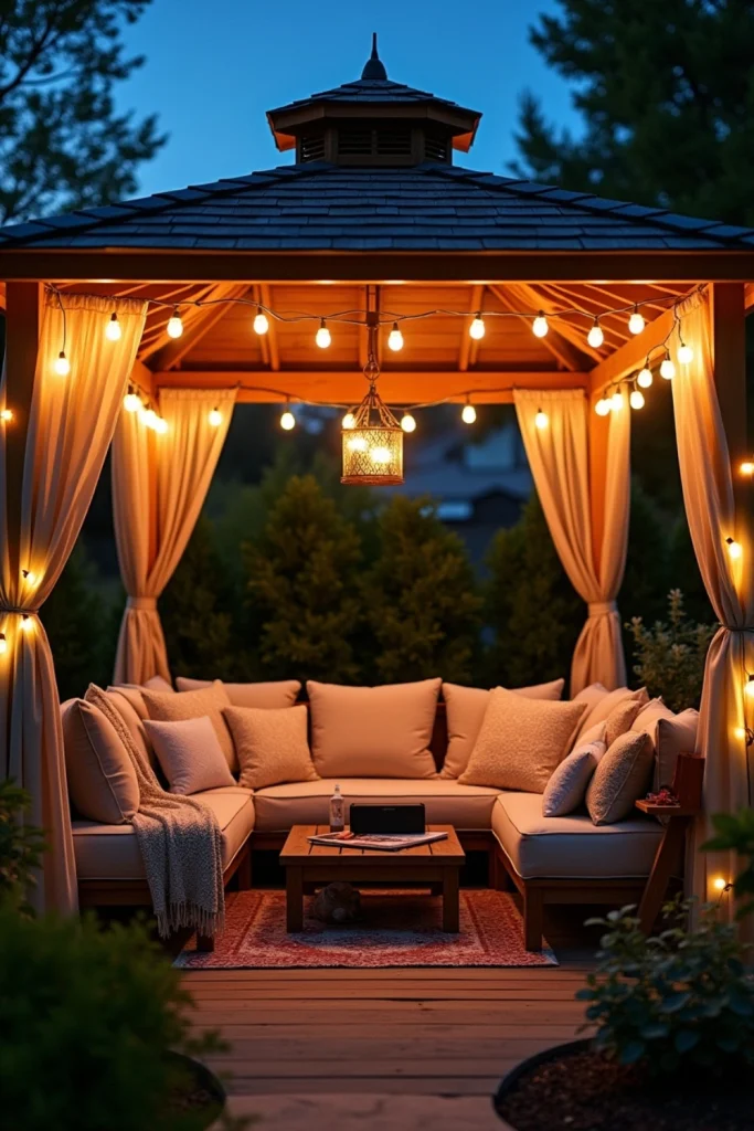 Backyard gazebo at night glowing with string lights, lanterns, cushions, and a rug for a cozy outdoor vibe.