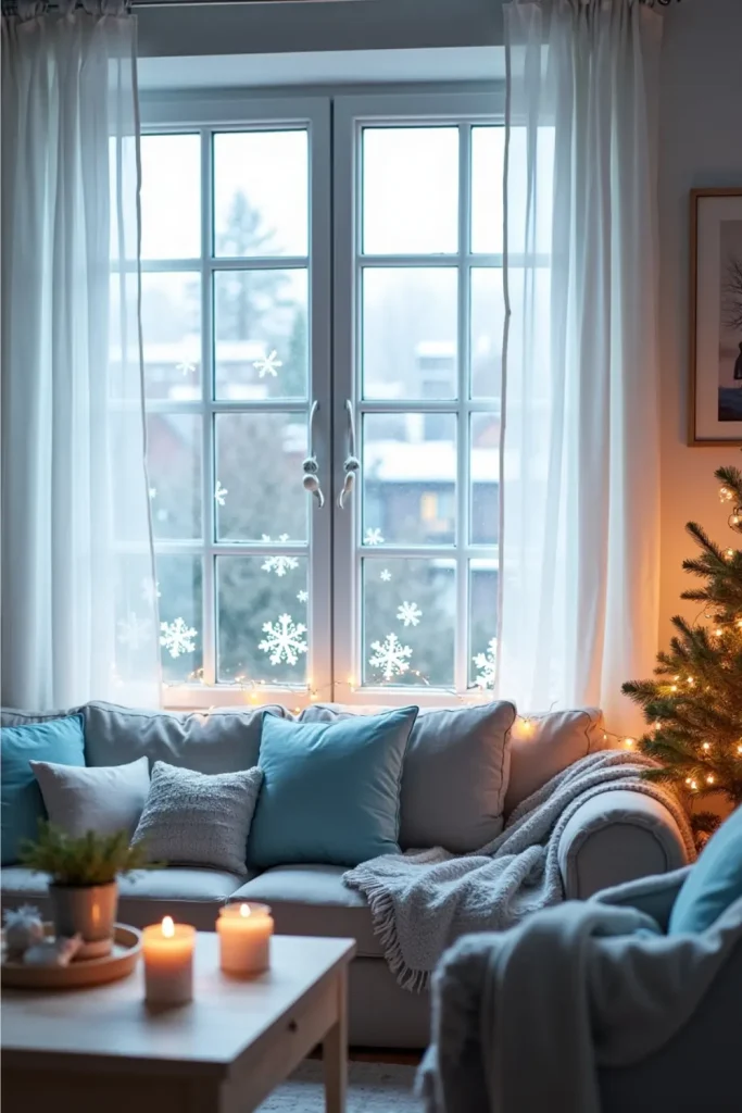Christmas living room with snowflake window decals, cozy sofa, fairy lights, and festive small accents.