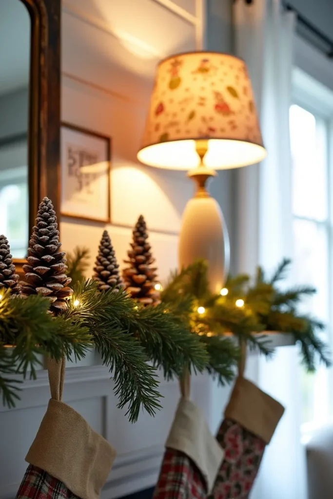 Farmhouse mantel with pine garland, DIY book page bells, pinecone trees, and decoupage lampshade.