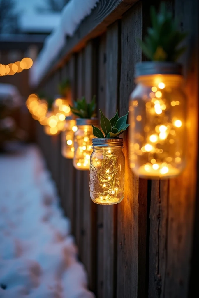 Mason jars with fairy lights and holly hanging on a fence for rustic Christmas garden decorations.