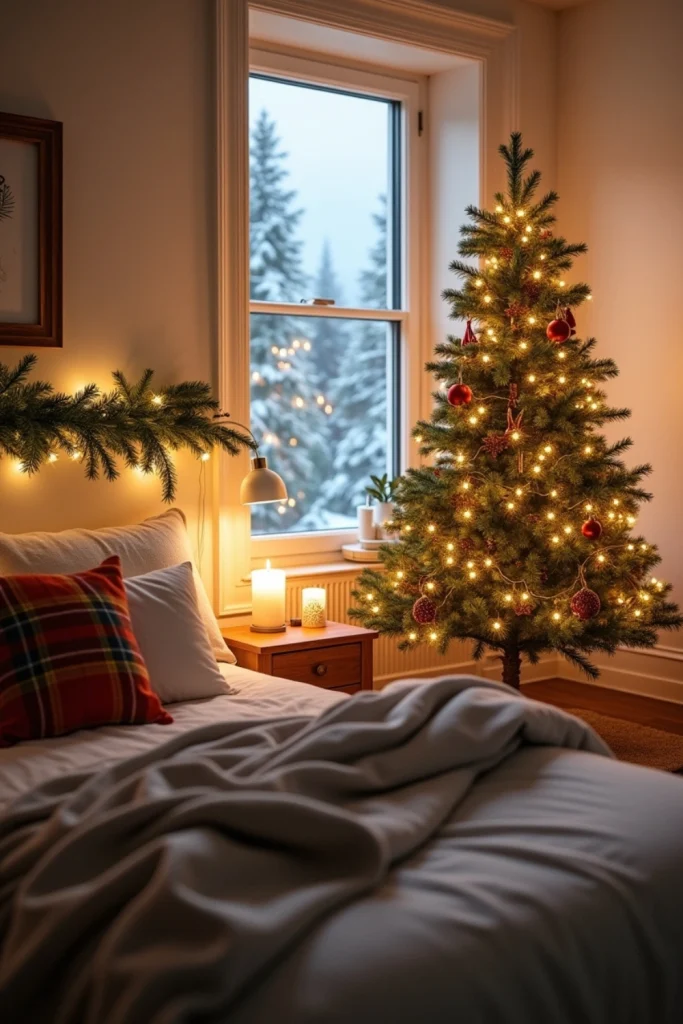 Tiny Christmas bedroom with mini pre-lit tree on nightstand, plaid throw, candles, and festive garland.