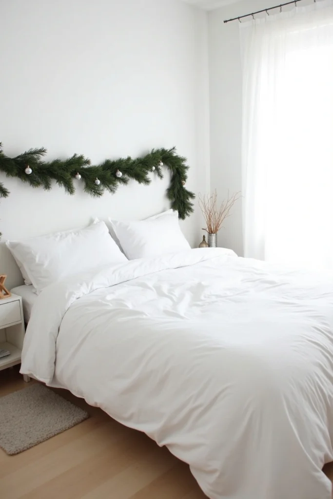 Minimalist Christmas bedroom with white bedding, pine garland, silver ornaments, and wooden star accent.