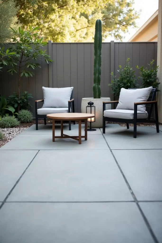 Minimalist patio with smooth gray pavers, cactus planter, modern chairs, and soft evening lantern glow