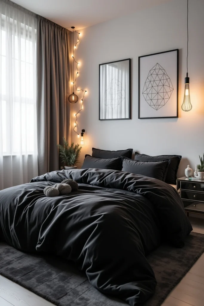 Modern Christmas bedroom with black velvet bedding, silver ornaments, and geometric holiday lights.