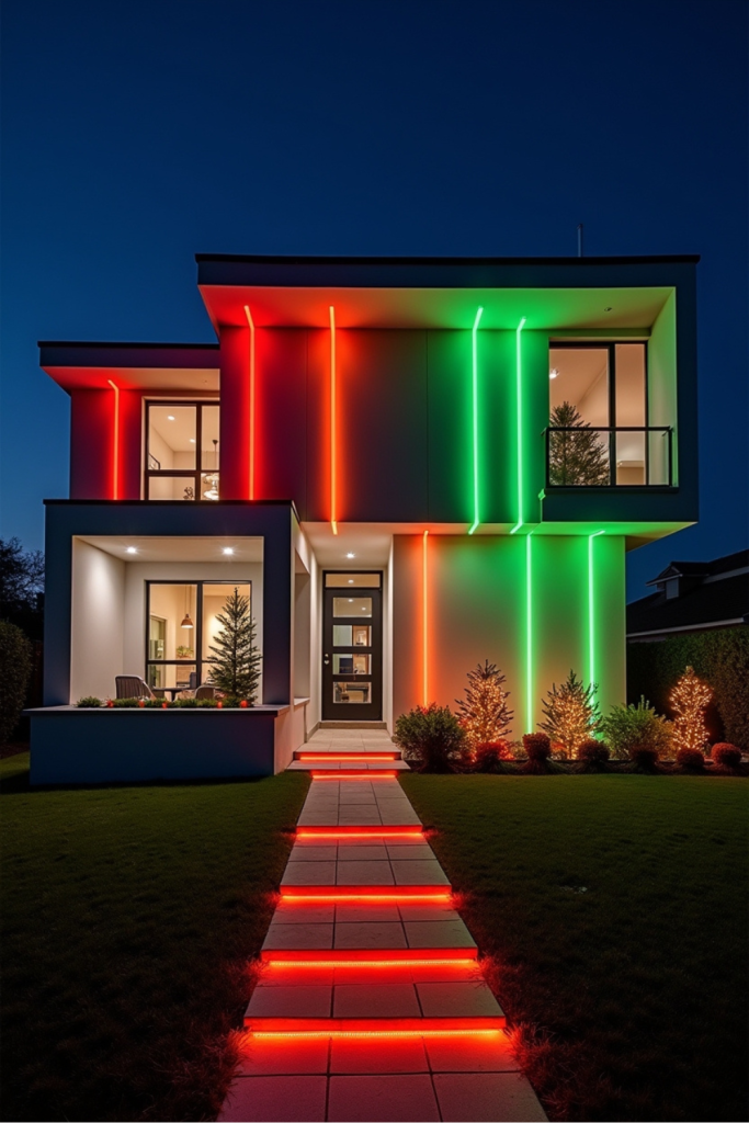 "Modern home with LED grid pattern lights in red, green, and white for a sleek Christmas display."