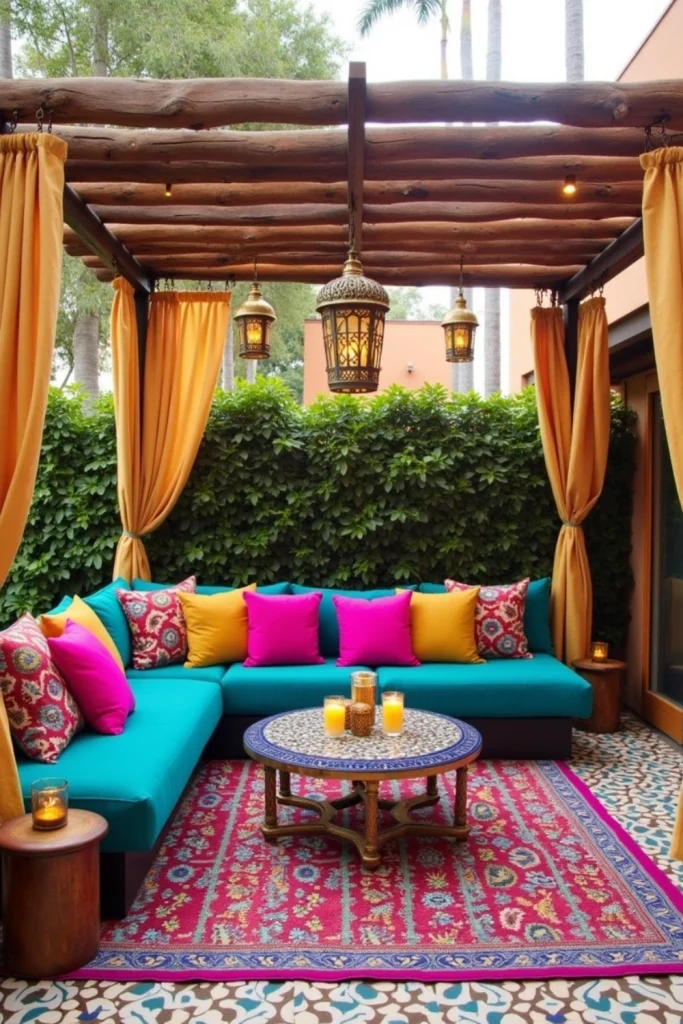 Moroccan patio with bold cushions, brass lanterns, draped fabrics, and patterned tiles for exotic charm