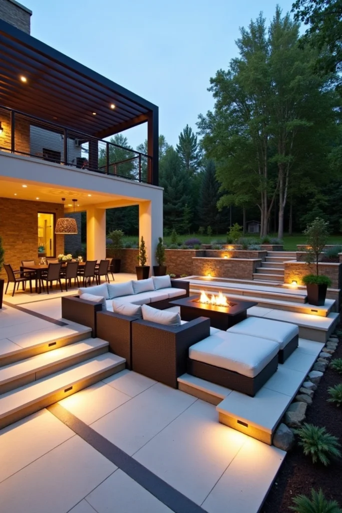 Modern multi-level patio with dining above and sunken fire pit lounge below, pavers and greenery.