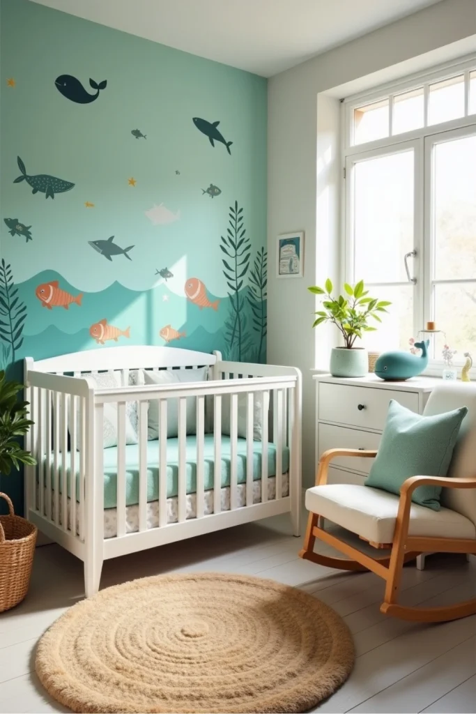 Under-the-sea nautical nursery with ocean mural, white crib, seafoam bedding, and playful marine decor.
