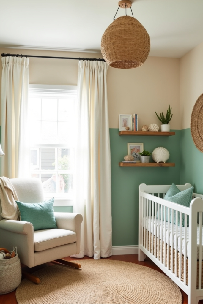 Coastal nautical nursery with beige and green walls, white crib, seashell accents, and woven textures.