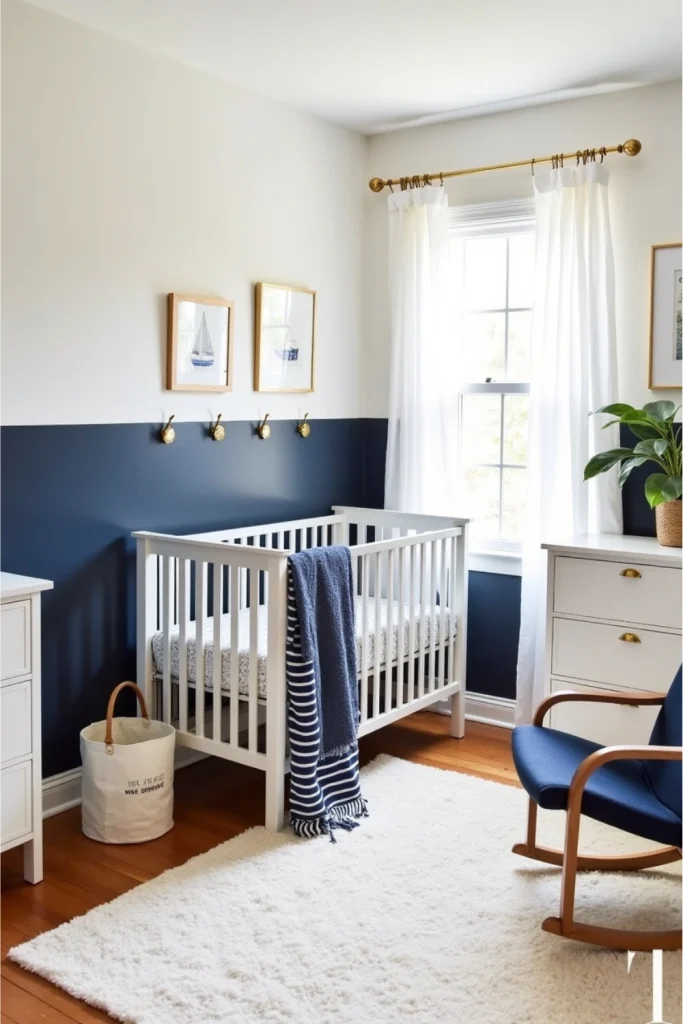 Nautical nursery with navy-white walls, gold accents, white crib, and navy rocking chair by window.