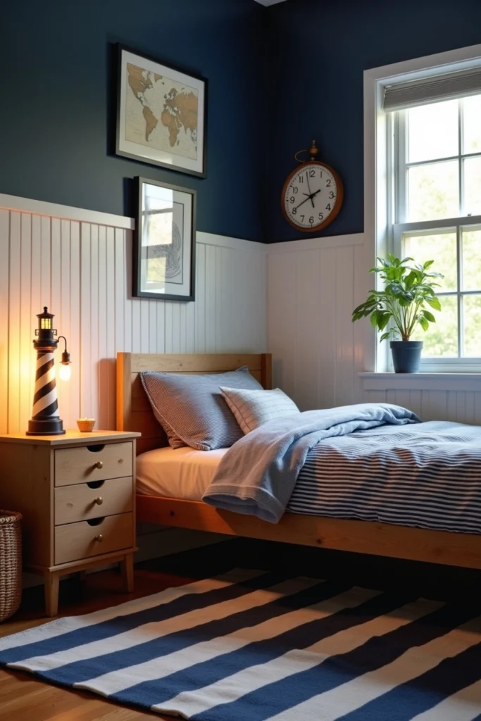Nautical boys bedroom with lighthouse lamp, striped rug, white maps, and warm coastal-inspired decor.