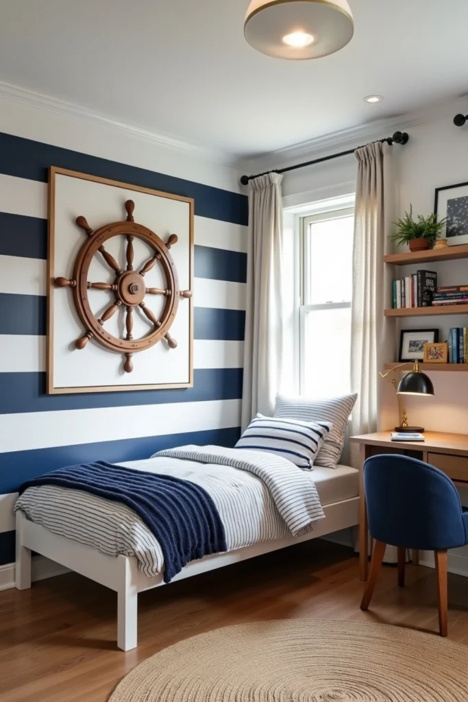 Nautical boys room with striped wall, captain’s helm art, white bed, and navy maritime accents.