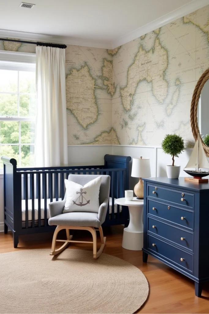 Boys nautical nursery with maritime map wallpaper, navy crib, white lamp, and cozy coastal decor.
