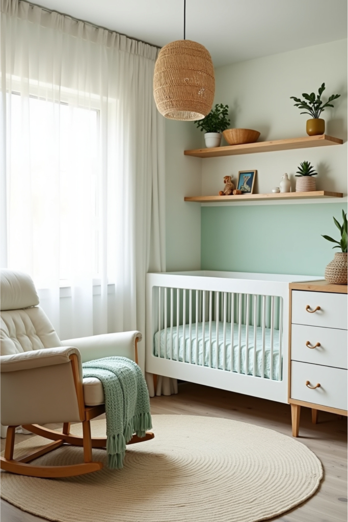 Eco nautical nursery with wave rug, white crib, green accents, and natural fiber sustainable decor.