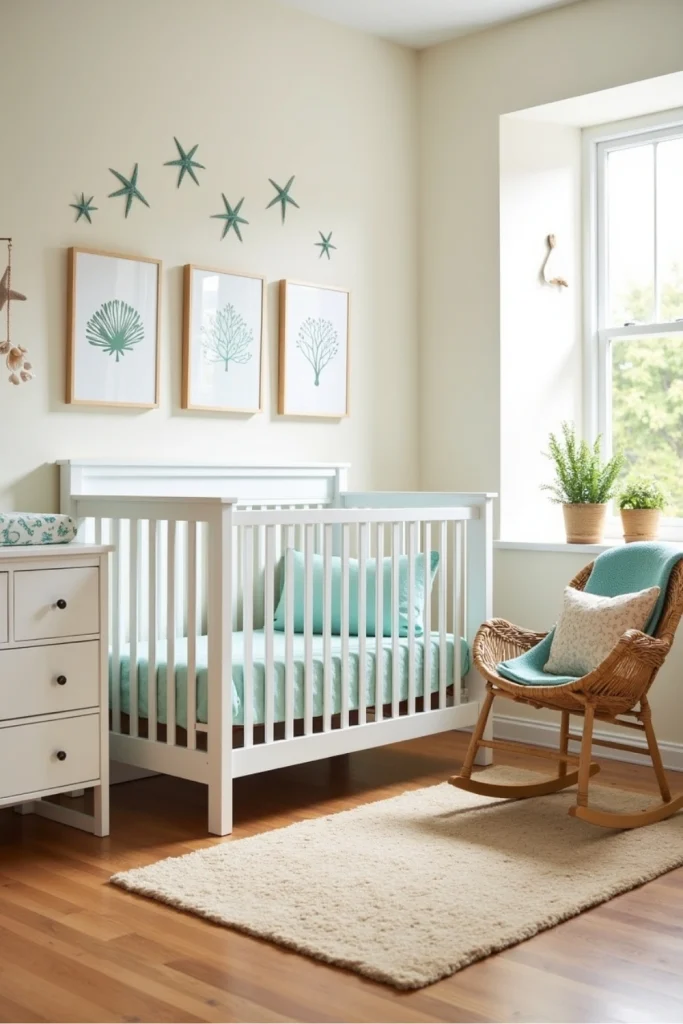 Nautical nursery with starfish wall stickers, coral prints, aqua bedding, and bright coastal-inspired decor.
