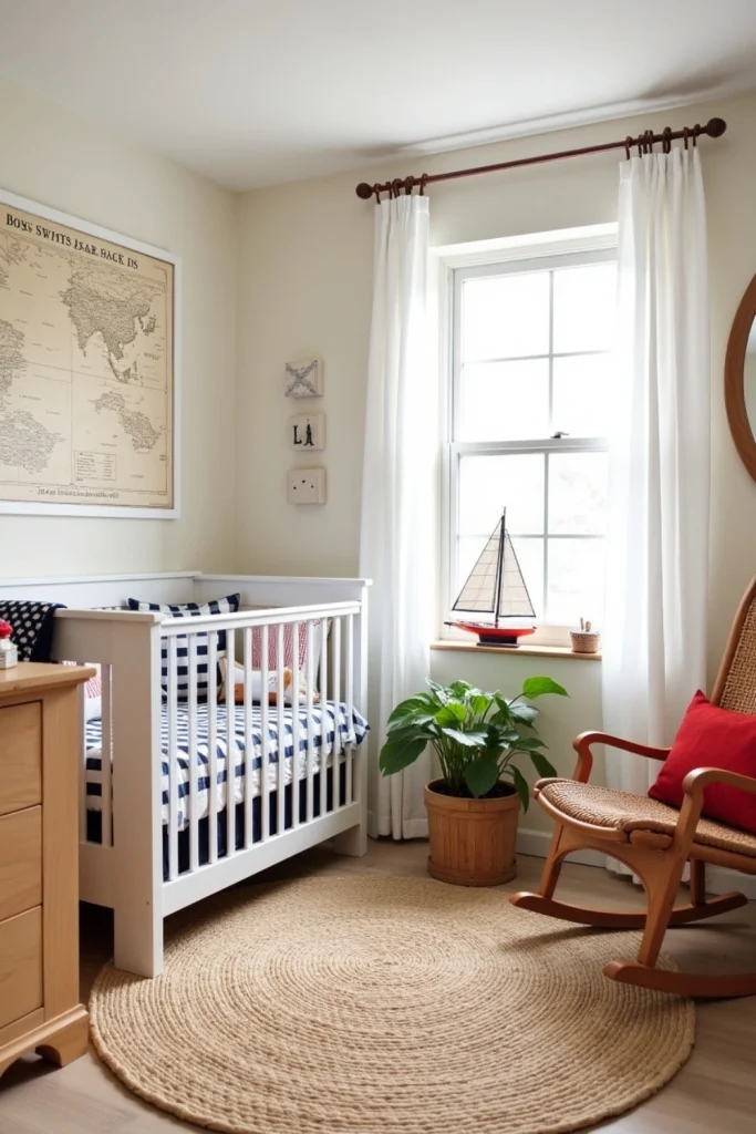 Nautical boys nursery with pirate touches, treasure map wall art, navy-red bedding, and wood crate toys.
