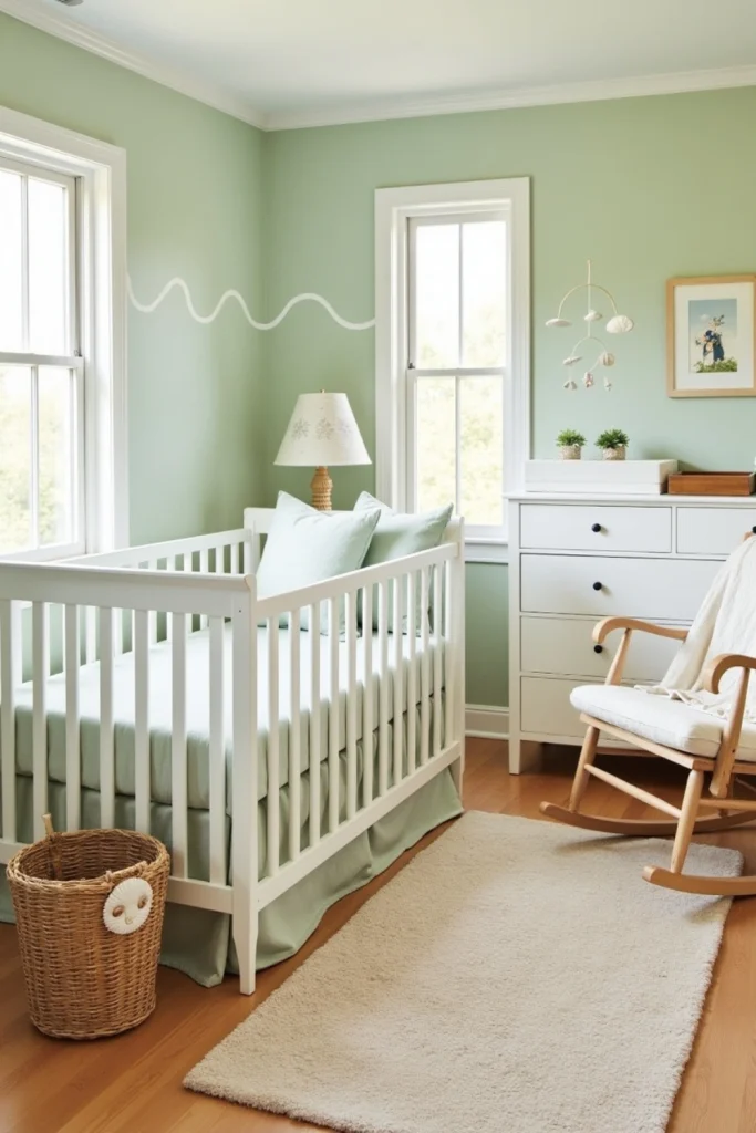 Nautical nursery with seashell pillows, pale green walls, woven baskets, and soft coastal-inspired decor.