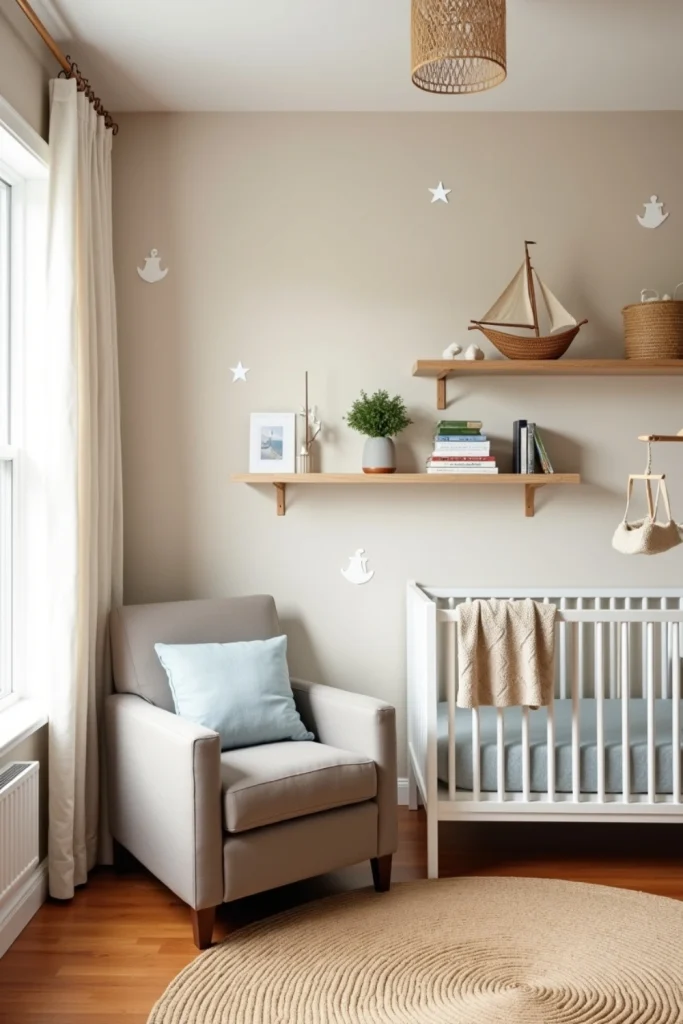 Gender-neutral nautical nursery with beige walls, anchor decals, white crib, and calming blue accents.