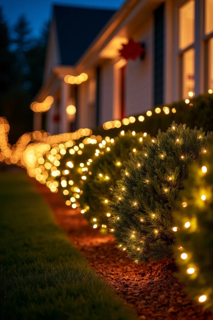 "Bushes glowing with warm white net lights for a simple, festive outdoor Christmas yard display."