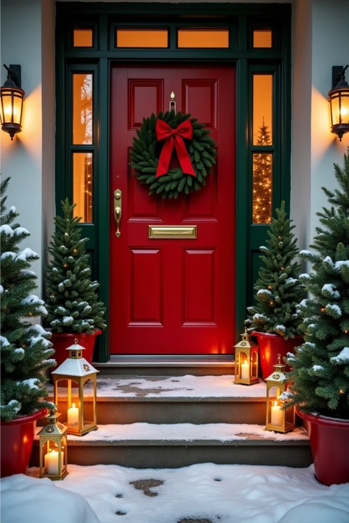 Tall nutcracker statues with spotlights flanking a festive Christmas porch entrance.