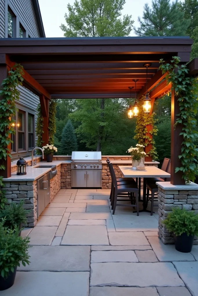 Zen backyard patio with bamboo pagoda, gravel paths, koi pond, bonsai trees, and meditation cushions.