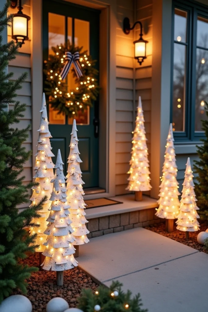 Rustic outdoor pathway with birch lights, glitter tree signs, and lamb’s ear wreaths on windows.