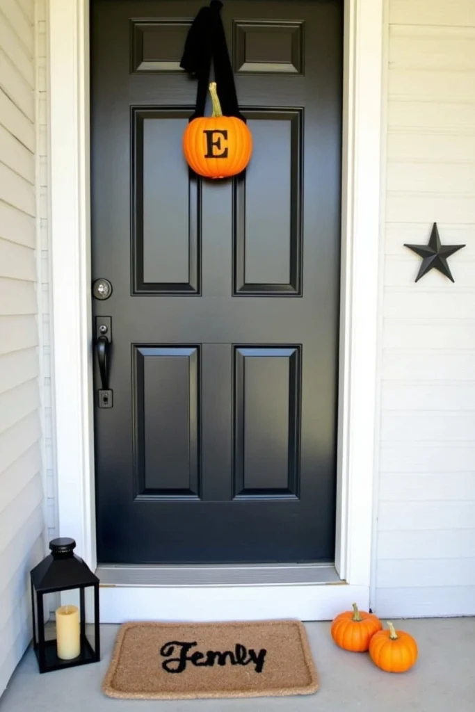 Front door with pumpkin monogram hanging by ribbon, personalized Halloween decor for small spaces.