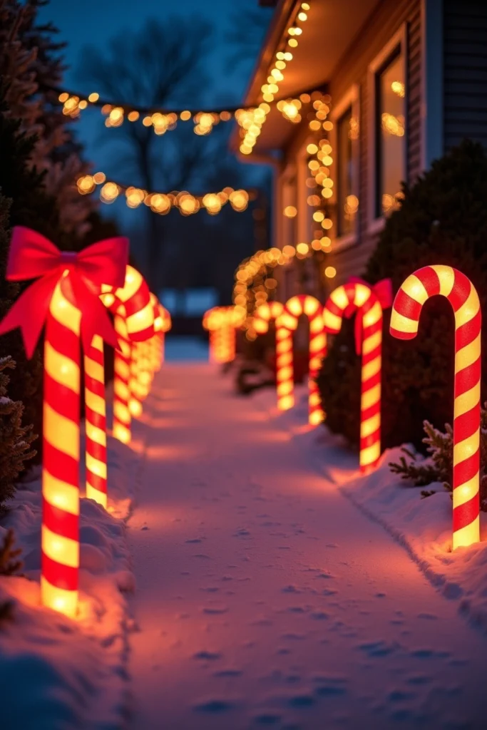 LED candy cane stakes with bows light up a snowy Christmas walkway, creating a festive family vibe."