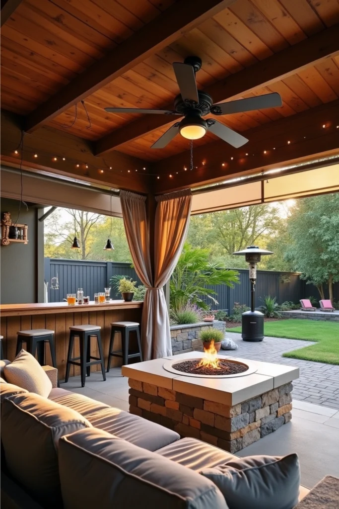 "Backyard patio with screens, curtains, fan, fire pit, bar, and cozy seating for all seasons."