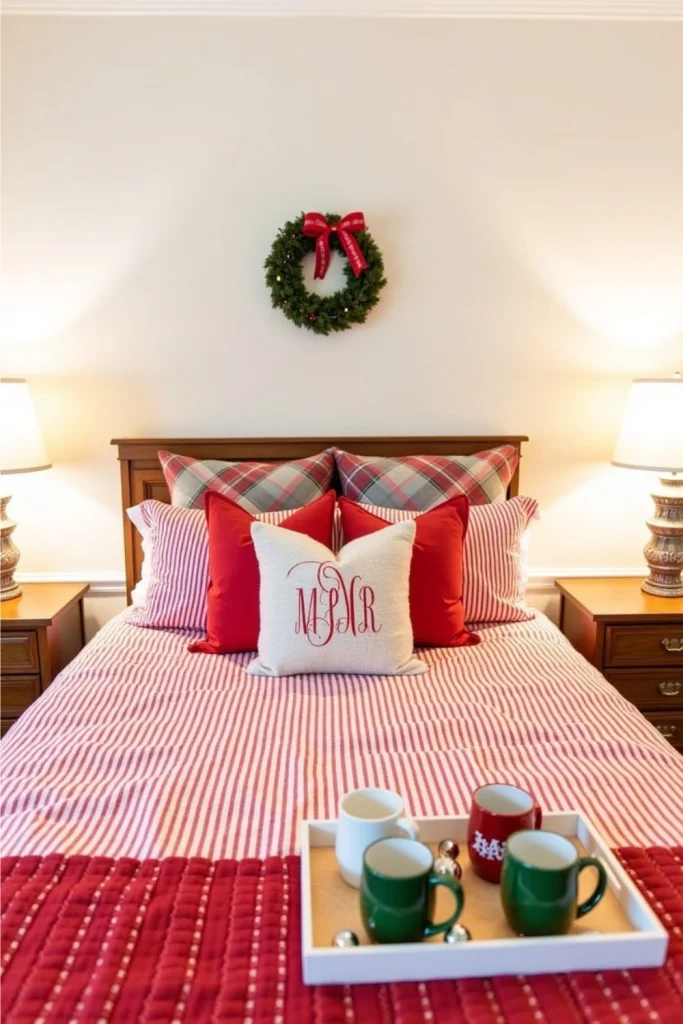 Preppy Christmas bedroom with striped bedding, plaid pillows, monogrammed throw, and festive cozy accents.