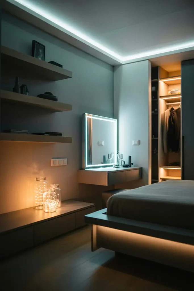 Modern bedroom with LED shelves, vanity lights, and glowing jars for a sleek, ambient aesthetic.
