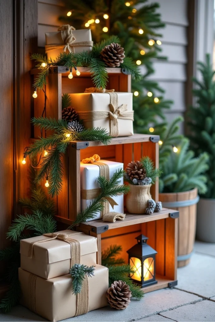 Rustic porch crate display with wrapped gifts, greenery, pinecones, and glowing fairy lights.