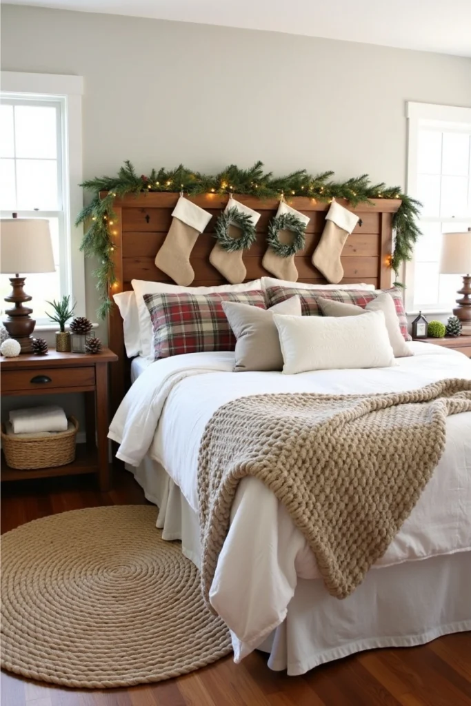 Rustic farmhouse Christmas bedroom with reclaimed wood headboard, burlap stockings, pinecones, and greenery.