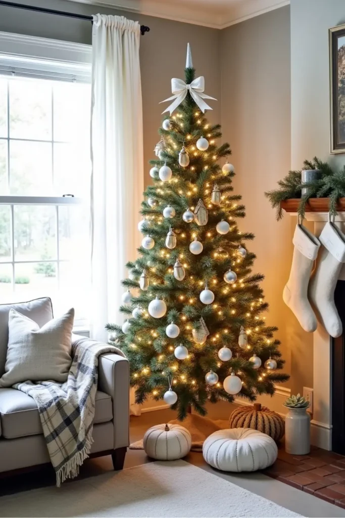 Rustic DIY ornaments with milk glass look, book page rolls, and silver bow topper on Christmas tree.