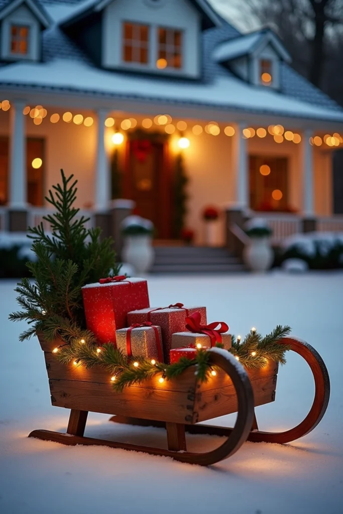 "Rustic wooden sleigh filled with wrapped gifts, fairy lights, and greenery for farmhouse Christmas charm."