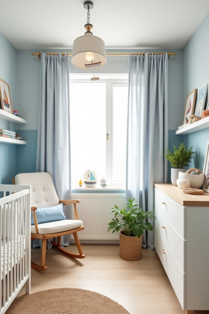 Whimsical sailboat nursery with blue curtains, linen mobile, white crib, and calming nautical accents.
