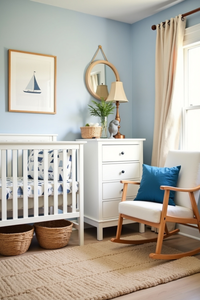 Sailboat nursery with organic cotton boat-print sheets, blue walls, white crib, and soft coastal accents.